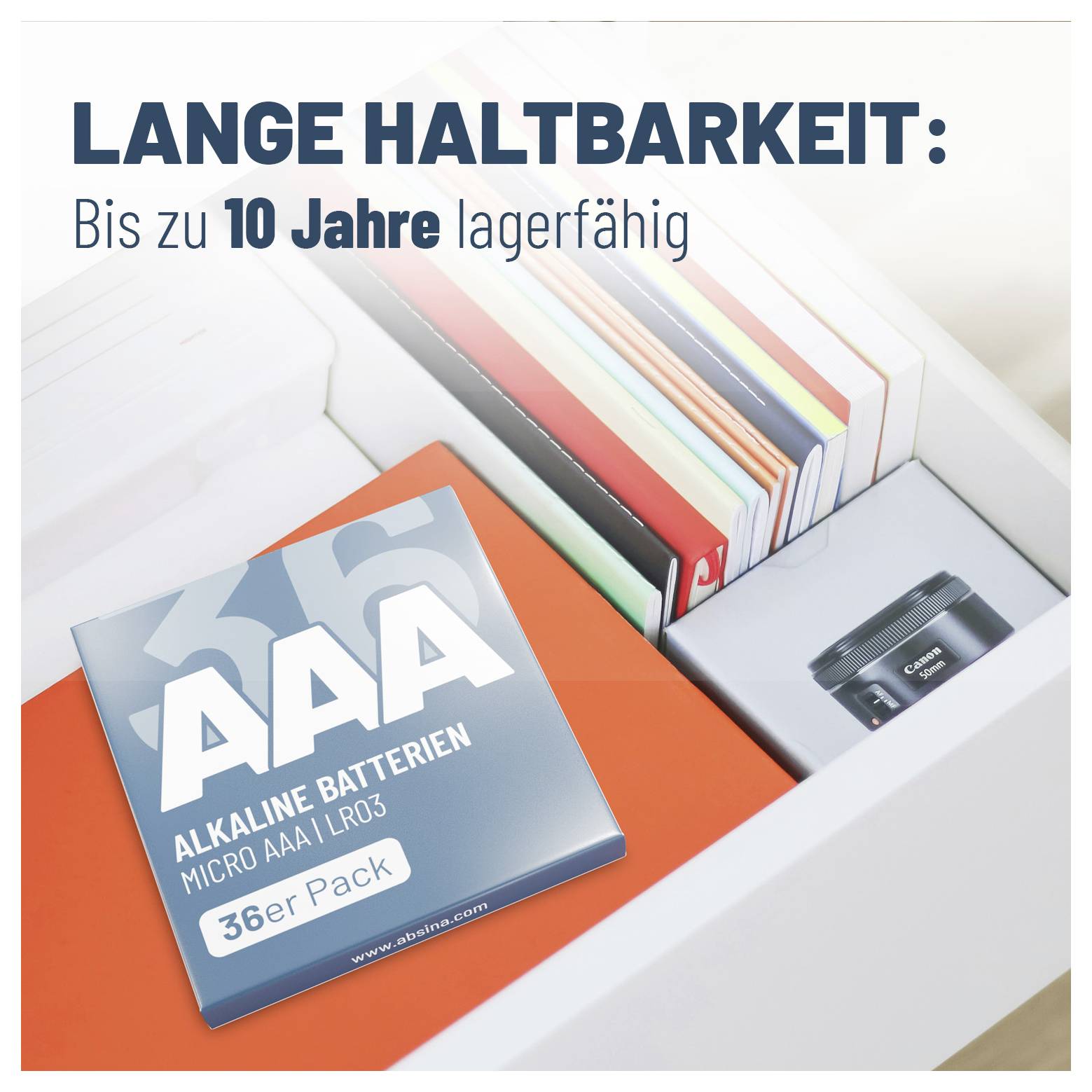 Alkaline-AAA-Batterien 36er-Pack. Text: Lange Haltbarkeit: Bis zu 10 Jahre lagerfähig.