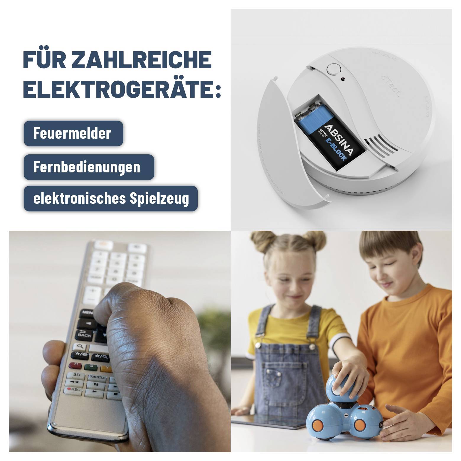 Bild, das die Verwendung von Batterien in verschiedenen Elektronikgeräten zeigt. Rauchmelder mit offener Batteriefachöffnung, eine Hand, die eine Fernbedienung hält, und Kinder, die mit einem Spielzeug spielen.