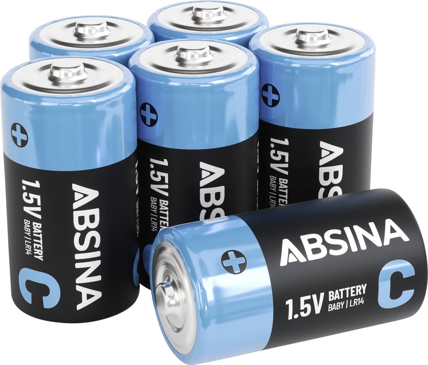 Sechs aufrecht angeordnete blau-schwarze „ABSINA