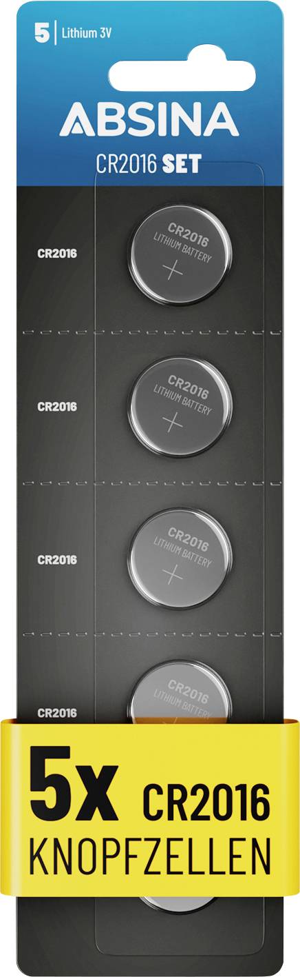 Produktverpackung mit fünf CR2016 Lithium-Knopfzellen, beschriftet mit 'ABSINA'.