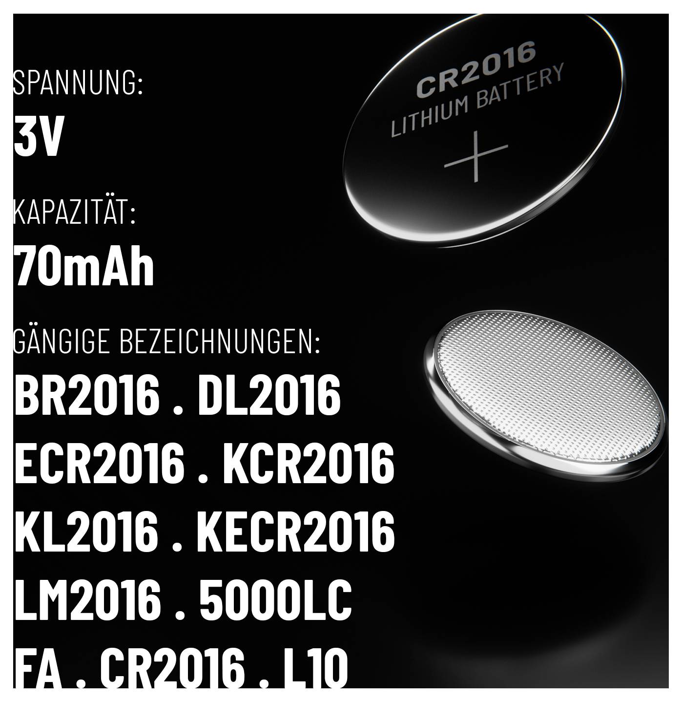Image von zwei CR2016 Lithium-Batterien. Text beschreibt Spezifikationen: 'Spannung: 3V, Kapazität: 70mAh.' Listet Äquivalente auf: BR2016, DL2016, etc.