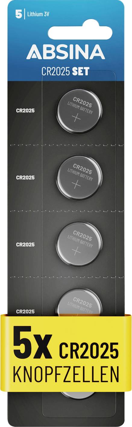 '5x CR2025 Knopfzellen', eine Packung mit fünf Knopfbatterien von Absina, beschriftet als 'Lithium 3V'.