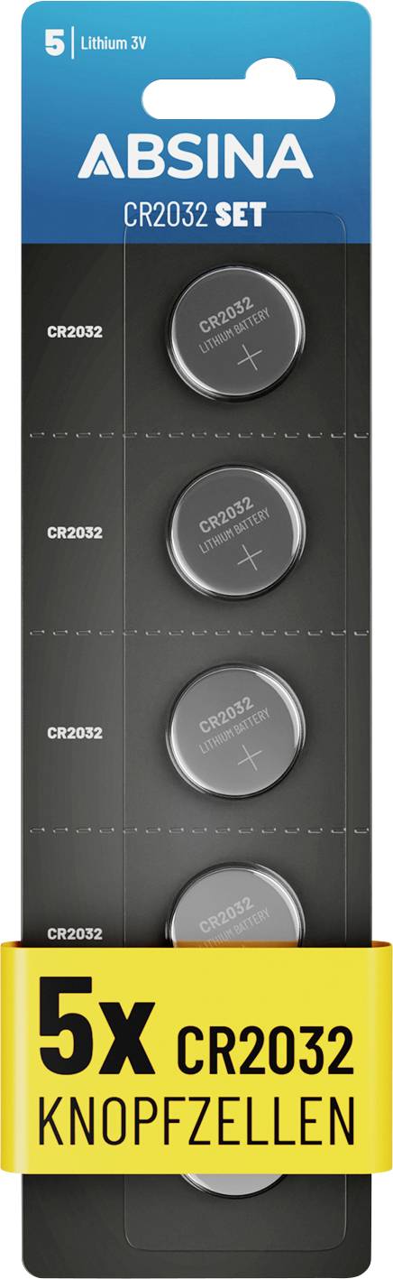 'ABSINA CR2032 SET' Packung mit fünf Lithium-3V-Knopfzellen, mit der Bezeichnung 'CR2032', versehen mit einem gelben Streifen mit der Aufschrift '5x CR2032 KNOPFZELLEN'.