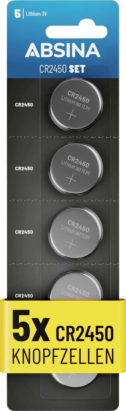 Packung mit fünf CR2450 Lithium-Knopfbatterien von Absina, gekennzeichnet als '5x CR2450 Knopfzellen'.