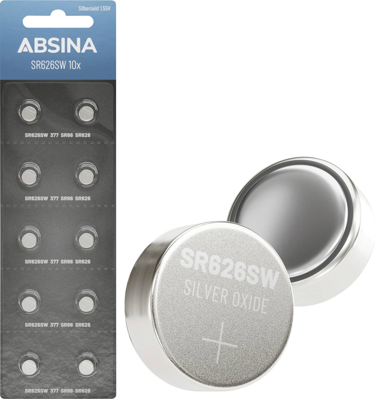 Batterie-Pack 'ABSINA SR626SW 10x' mit 10 Silberoxid-Knopfzellen. Nahaufnahme zeigt Batterie mit Aufschrift 'SR626SW SILVER OXIDE'.