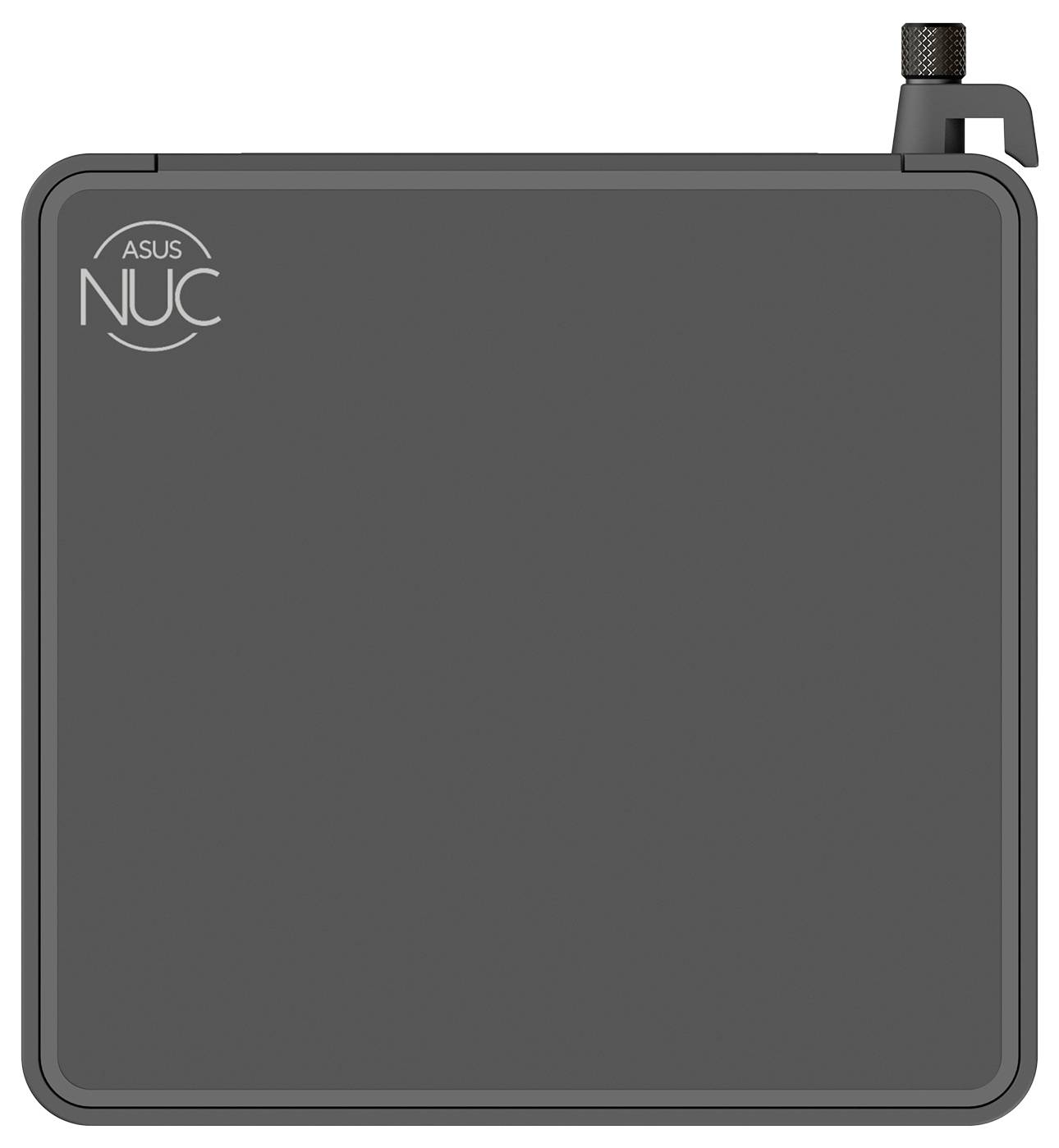Ein quadratischer, schwarzer ASUS NUC Mini-PC, von oben betrachtet, mit einer kleinen Antenne in der oberen rechten Ecke.