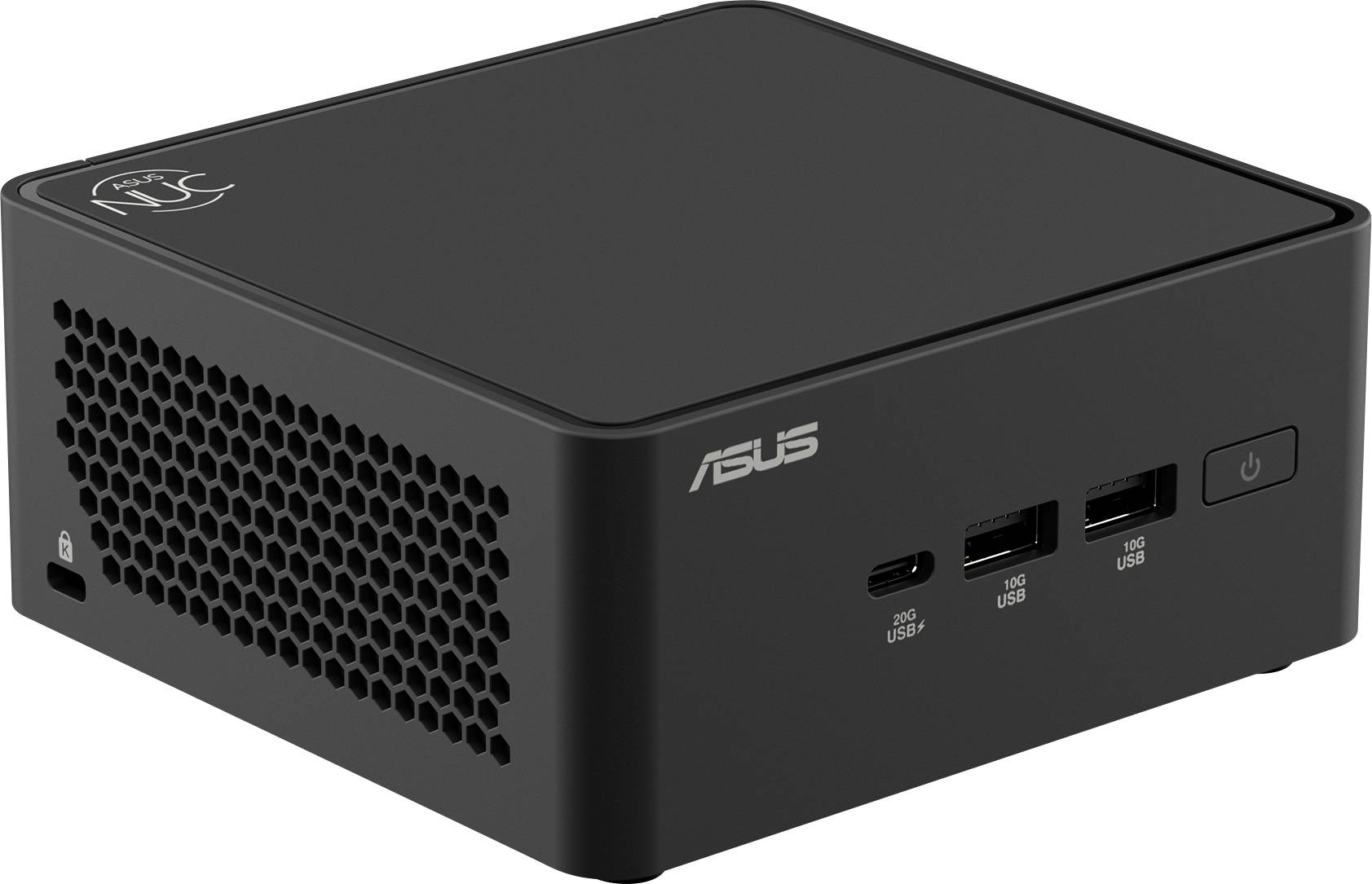 Ein kleiner schwarzer ASUS Mini-PC mit Lüftungslöchern, USB-Anschlüssen und einem Power-Button an der Vorderseite, der ein kompaktes Design präsentiert.