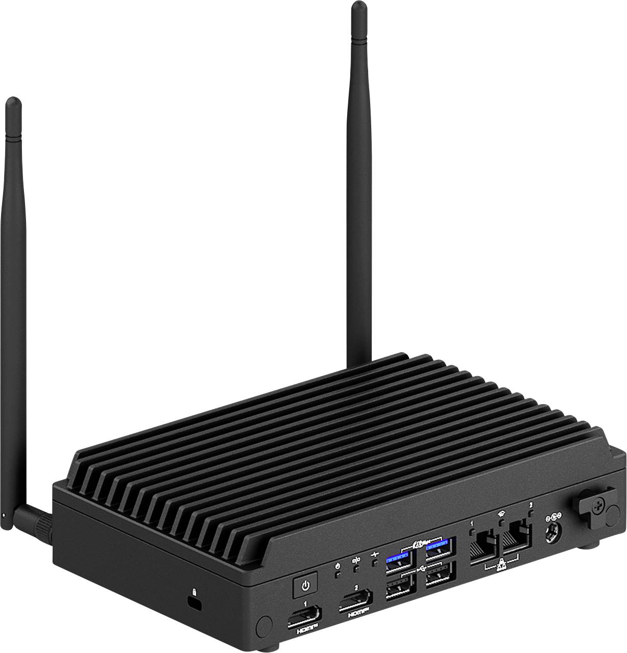 Ein schwarzer, kompakter Computer mit gerippter Oberseite zur Wärmeableitung, zwei Antennen und mehreren Anschlüssen wie USB und Ethernet auf der Vorderseite.