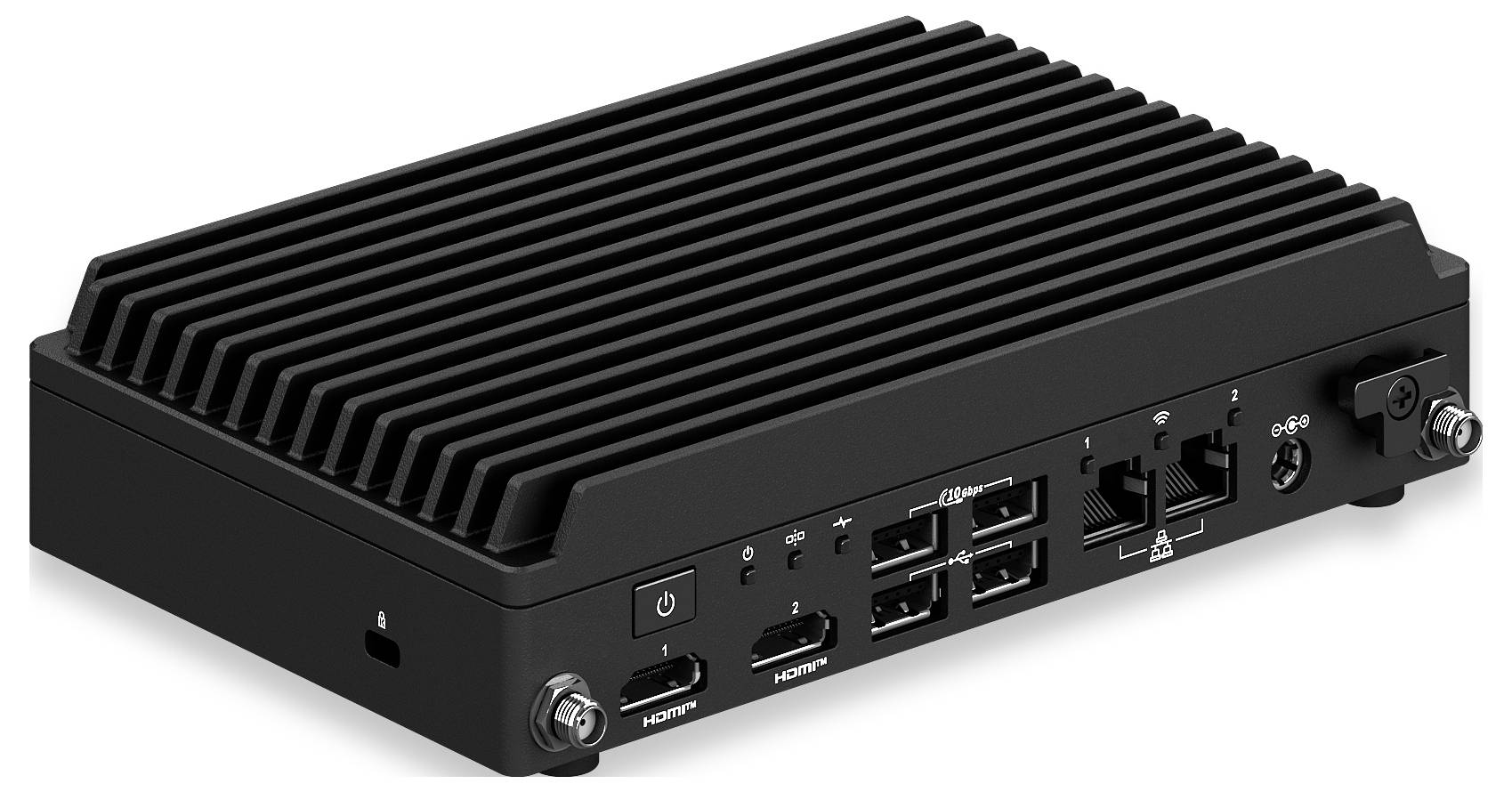 Ein schwarzer, lüfterloser industrieller Mini-PC mit mehreren Anschlüssen wie HDMI, USB und Ethernet, entwickelt für robuste Rechnerumgebungen.
