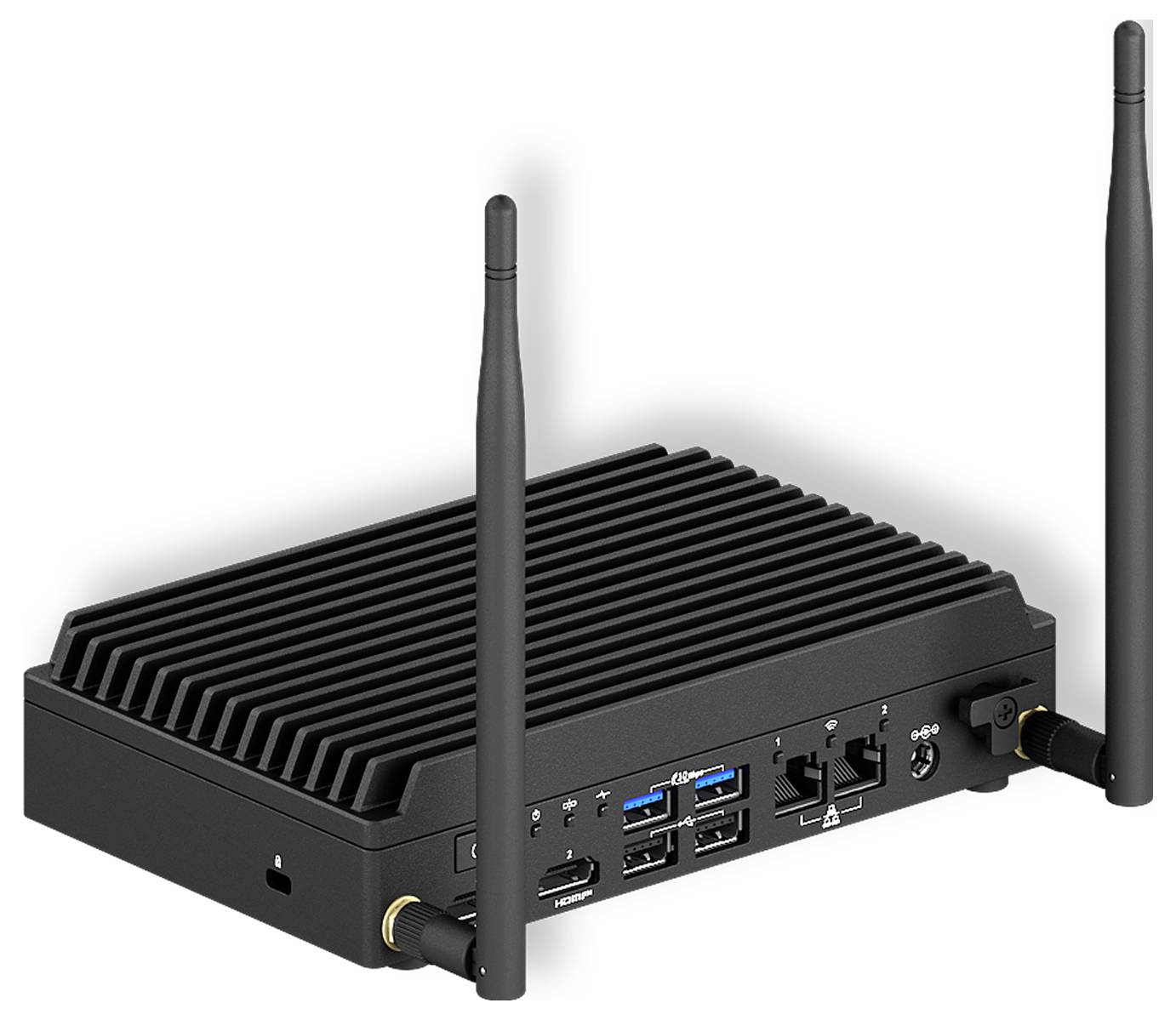 Ein schwarzes elektronisches Gerät mit zwei Antennen, mehreren Anschlüssen wie USB, HDMI und Netzwerkverbindungen, das für Konnektivität konzipiert ist.