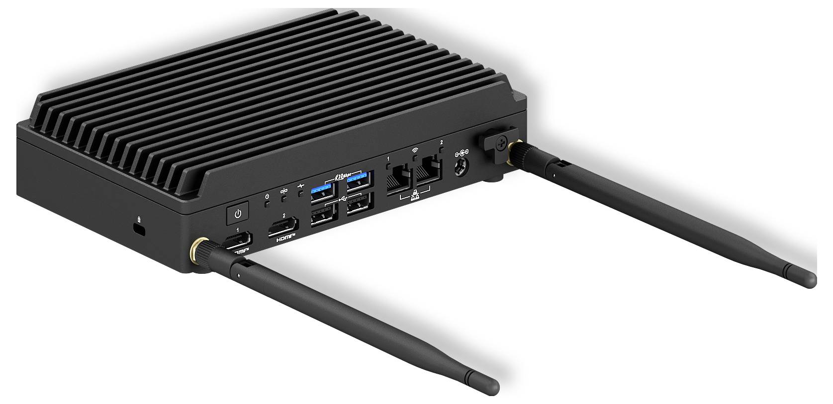 Ein kompaktes schwarzes elektronisches Gerät mit zwei Antennen für Konnektivität, ausgestattet mit mehreren Anschlüssen wie USB, HDMI und Ethernet.