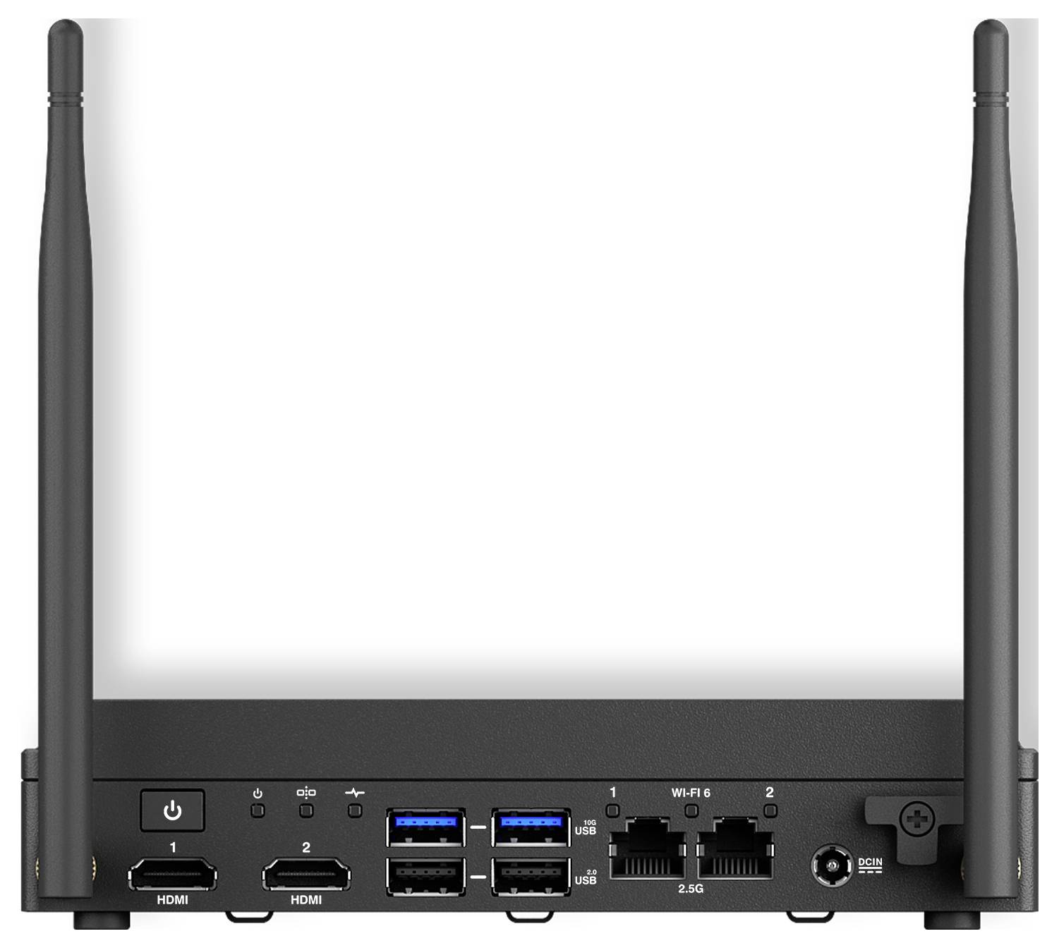 Ein Modem oder Router mit zwei Antennen, ausgestattet mit Anschlüssen für Stromversorgung, HDMI, USB, Ethernet und einem Einschaltknopf auf einer glatten Oberfläche.