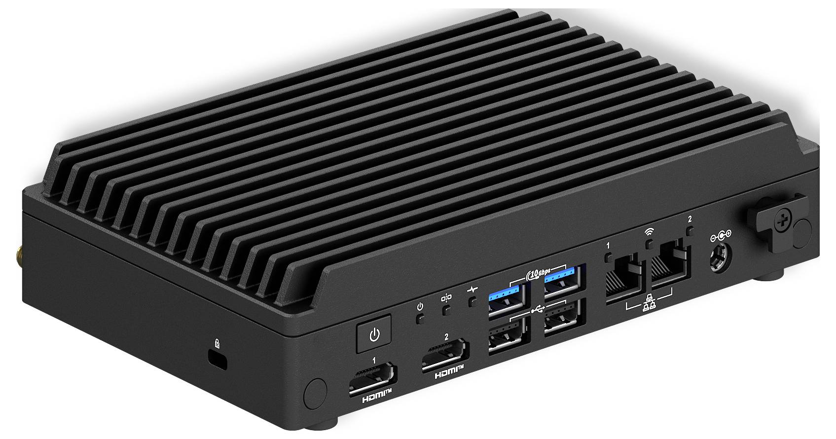 Ein schwarzer, rechteckiger Industrie-Computer mit gerippter Oberseite zur Wärmeableitung. Die Frontanschlüsse umfassen Einschalttaste, USB, Ethernet und HDMI.