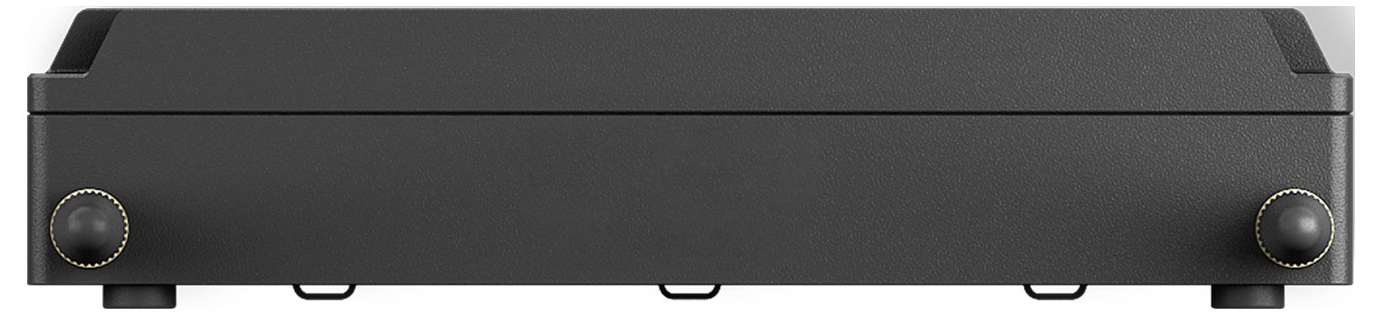 Ein schwarzes elektronisches Gerät mit einer flachen Oberfläche und zwei runden Drehknöpfen auf der Vorderseite, höchstwahrscheinlich ein Audioverstärker oder ähnliche Audioausrüstung.