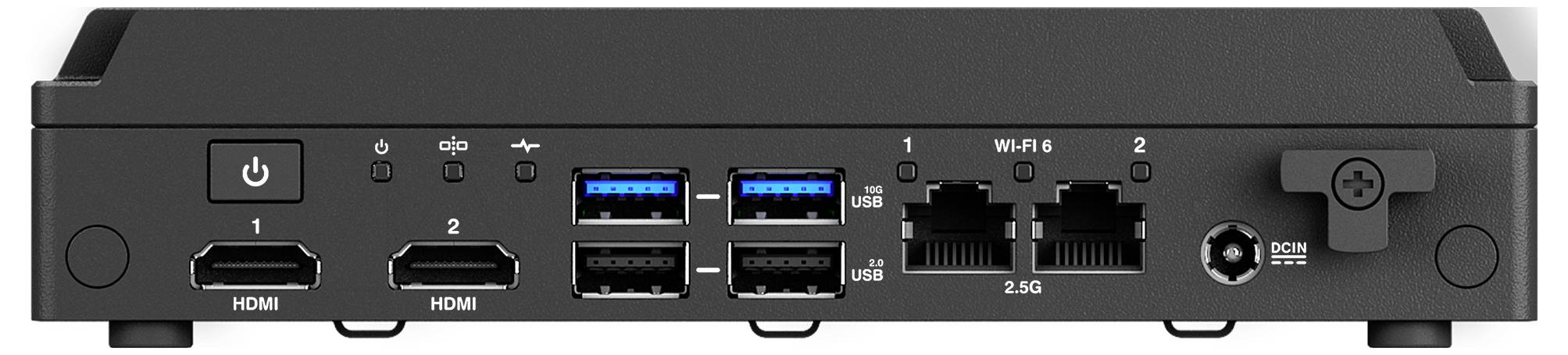 Rückansicht einer Computerankoppelstation mit HDMI-Anschlüssen, USB-Anschlüssen, Ethernet-Anschlüssen, Einschaltknopf und einem Sicherheitsschlitz.