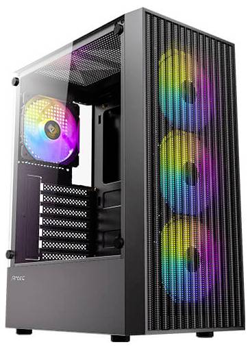Ein schlanker, schwarzer Computer-Tower mit seitlicher Glasscheibe, ausgestattet mit lebhaften RGB-Lüftern.