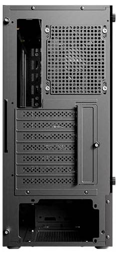 Das Rückpanel eines Computergehäuses mit mehreren Steckplätzen für Erweiterungskarten, einem Lüftungsgitter und einer Halterung für das Netzteil.