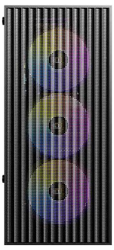 Computertower mit einem schwarzen Meshfront-Panel, das drei vertikal ausgerichtete, farbenfrohe RGB-Lüfter zeigt.