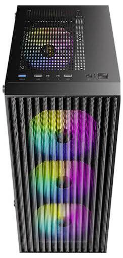 Ein schwarzes Computergehäuse mit drei vorderen RGB-Lüftern und einem oberen RGB-Lüfter, die Farben in einem Verlaufsmuster zeigen. Das Gehäuse verfügt über USB- und Einschaltknöpfe.