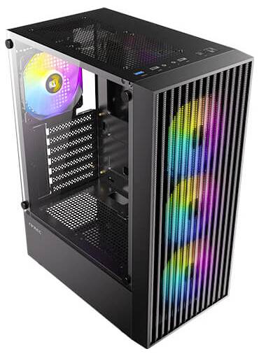 Ein schwarzes Computergehäuse mit transparenten Seiten zeigt RGB-Lüfter vorne und hinten und präsentiert die interne Beleuchtung.