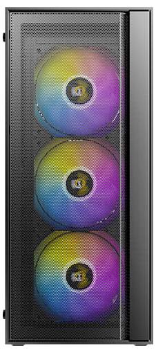 Ein Computergehäuse mit einer Frontblende aus Gitter, das drei große Lüfter zeigt, die jeweils mit regenbogenfarbenen LED-Beleuchtungen beleuchtet sind.