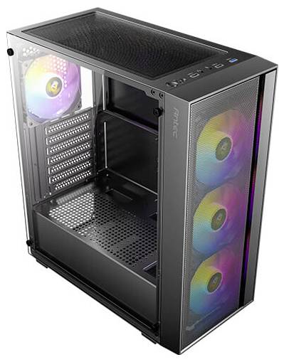 Ein schwarzes Computer-Tower-Gehäuse mit transparenten Seiten präsentiert farbenfrohe RGB-Lüfter vorne und hinten, wobei die Erweiterungssteckplätze sichtbar sind.