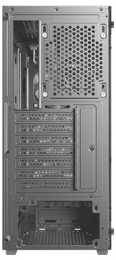 Das Bild zeigt die Rückansicht eines Computergehäuses, auf der mehrere Erweiterungssteckplätze, eine Belüftungsöffnung und der Netzteilbereich am unteren Rand zu sehen sind.