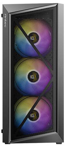 Ein schlanker schwarzer Computergehäuse mit drei frontseitig beleuchteten RGB-Lüftern, die in Blau, Pink und Gelb leuchten, platziert hinter einem Mesh-Frontpanel.
