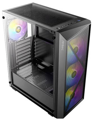 Ein schwarzes Computergehäuse mit RGB-Lüftern vorne und hinten, ausgestattet mit einer Seitenwand aus gehärtetem Glas und I/O-Anschlüssen auf der Oberseite.
