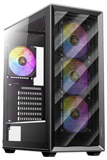 Ein schwarzer Computer-Tower mit Glasscheiben hat sichtbare RGB-Lüfter, die innen und an der Frontseite des Gehäuses in verschiedenen Farben leuchten.