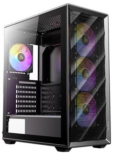 Ein schwarzes Computer-Gehäuse mit transparentem Seitenpanel, das mehrere interne RGB-Lüfter mit bunten Lichtmustern aufweist.