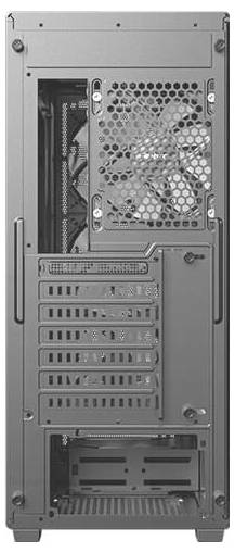 Ein Computergehäuse-Rückansicht mit sieben Erweiterungssteckplätzen, einem großen Kühlventilator und Lüftungsgittern, geeignet für die Montage von Hardware.