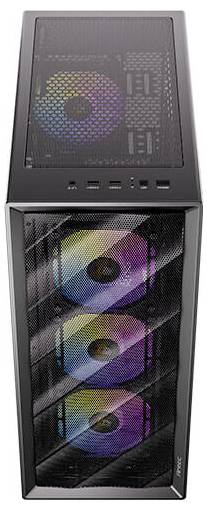 Gehäuse für Gaming-PC mit vier RGB-Lüftern an der Front und Oberseite, die eine fortschrittliche Kühlung ermöglichen. USB- und Audioports befinden sich oben für einfachen Zugang.