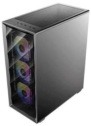 Ein schlanker, schwarzer Computertower mit drei bunten LED-Lüftern, die durch das Mesh-Frontpanel sichtbar sind. Das Oberpanel verfügt über USB-Anschlüsse und Tasten.