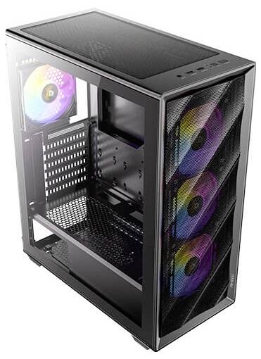 Ein schwarzes Computergehäuse mit transparenten Seitenpanels, das drei RGB-beleuchtete Lüfter an der Frontseite und einen Lüfter im Heck präsentiert, konzipiert für optimale Luftzirkulation.