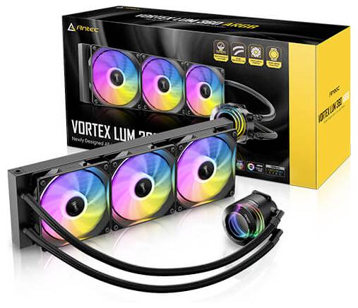 Antec Vortex Lum Kühlsystem mit drei RGB-Lüftern und Verpackung.