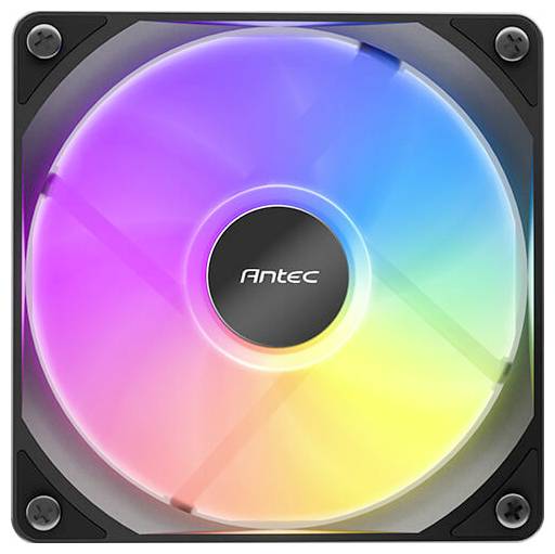 RGB-Computerlüfter mit lebendigen Farben, einschließlich Rosa, Blau und Gelb. Die zentrale Beschriftung zeigt 'Antec.'