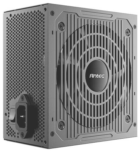 Netzteil der Marke 'Antec' mit einem großen Kühlventilator und einer Stromanschlussbuchse an einer Seite, in einem schwarzen Metallgehäuse.
