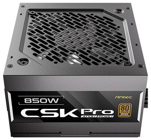 Netzteil 'Antec CSK Pro 850W' mit 80-Plus-Bronze-Zertifizierung für Energieeffizienz, ausgestattet mit einer belüfteten Gitterabdeckung auf der Oberseite.