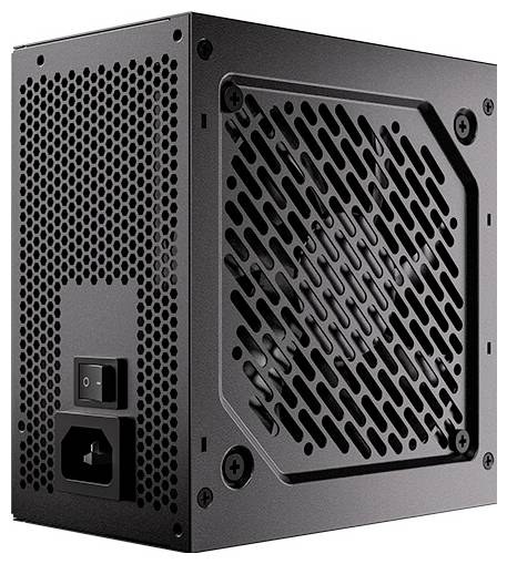 Eine schwarze Computernetzteile mit sichtbarem Lüfter, einem Ein-/Ausschalter und einer Stromeingangsanschluss wird aus einem Seitenwinkel gezeigt.