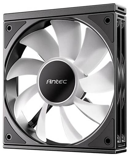 Ein schwarzer und weißer Computer-Gehäuselüfter mit sieben Schaufeln, mit dem Logo 