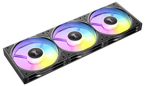 Drei RGB-Computerkühlventilatoren in einer Reihe, mit einer bunten Lichtanzeige, die in Gaming- oder High-Performance-Computeraufbauten verwendet werden.