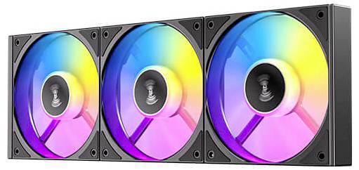 Drei RGB-Lüfter mit leuchtend bunter Beleuchtung, entwickelt für die Kühlung in Computersystemen.