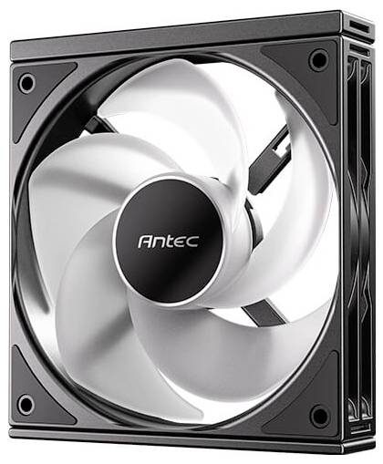 Ein quadratischer Computerlüfter mit schwarzem Rahmen und silbernen Schaufeln, mit der Marke 'Antec' auf der zentralen Nabe.