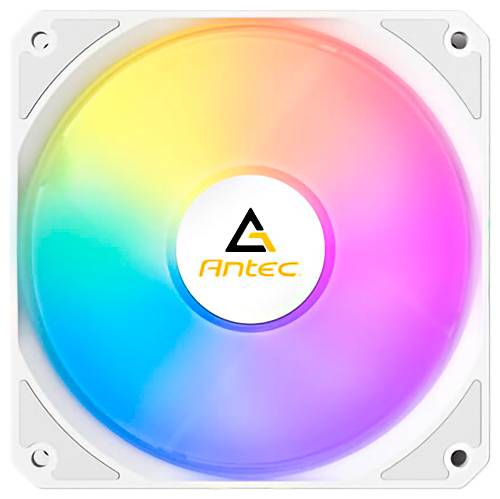 Ein weißer Antec-Computerlüfter mit mehreren Klingen, entwickelt zur Kühlung von PCs, aus einem seitlichen Blickwinkel dargestellt.
