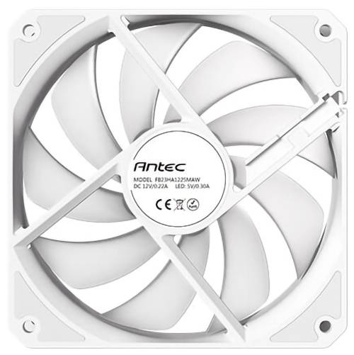 Ein weißer Computer-Kühlventilator mit gebogenen Klingen, beschriftet mit 'Antec'. Modell FD12-7344425MAW. Spezifikationen: DC 12V 0,27A, LED 5V 0,30A.