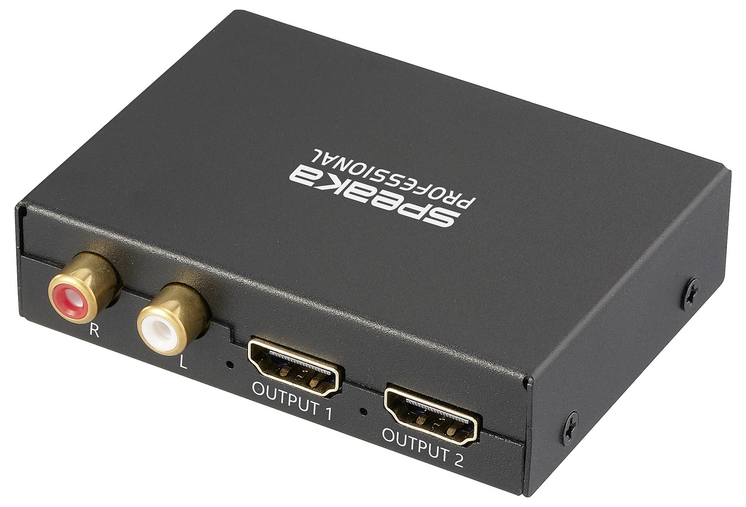 Ein kompakter schwarzer Audio-Konverter mit der Markenbezeichnung 'Speaka PROFESSIONAL'. Er verfügt über zwei HDMI-Ausgänge, die mit 'AUSGANG 1' und 'AUSGANG 2' gekennzeichnet sind, sowie RCA-Anschlüsse, die mit 'R' und 'L' beschriftet sind.