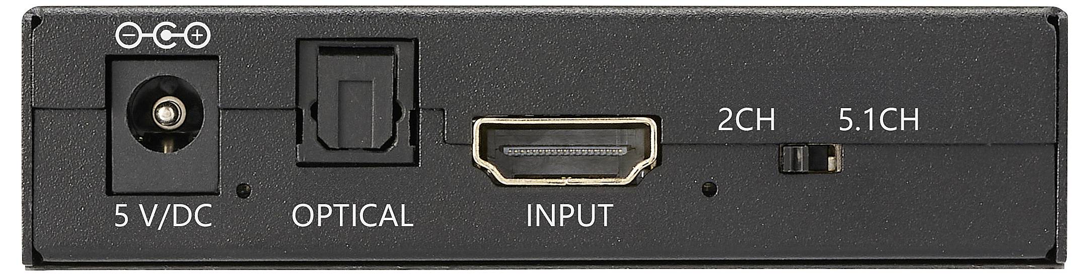 Rückseite eines Audiokonverters mit einem 5V-DC-Eingang, optischem Anschluss, HDMI-Eingang und einem Schalter zum Umschalten zwischen '2CH' und '5.1CH'.