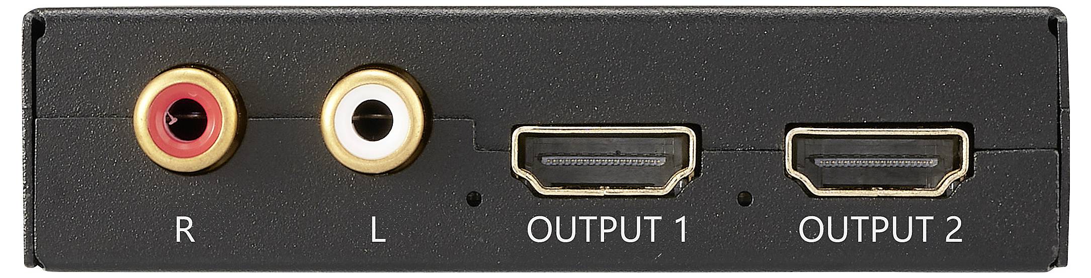 Ein schwarzes Audio-Video-Gerät mit roten und weißen R, L-Eingabeports und zwei HDMI-Ausgabeports, die als Ausgang 1 und Ausgang 2 bezeichnet sind.