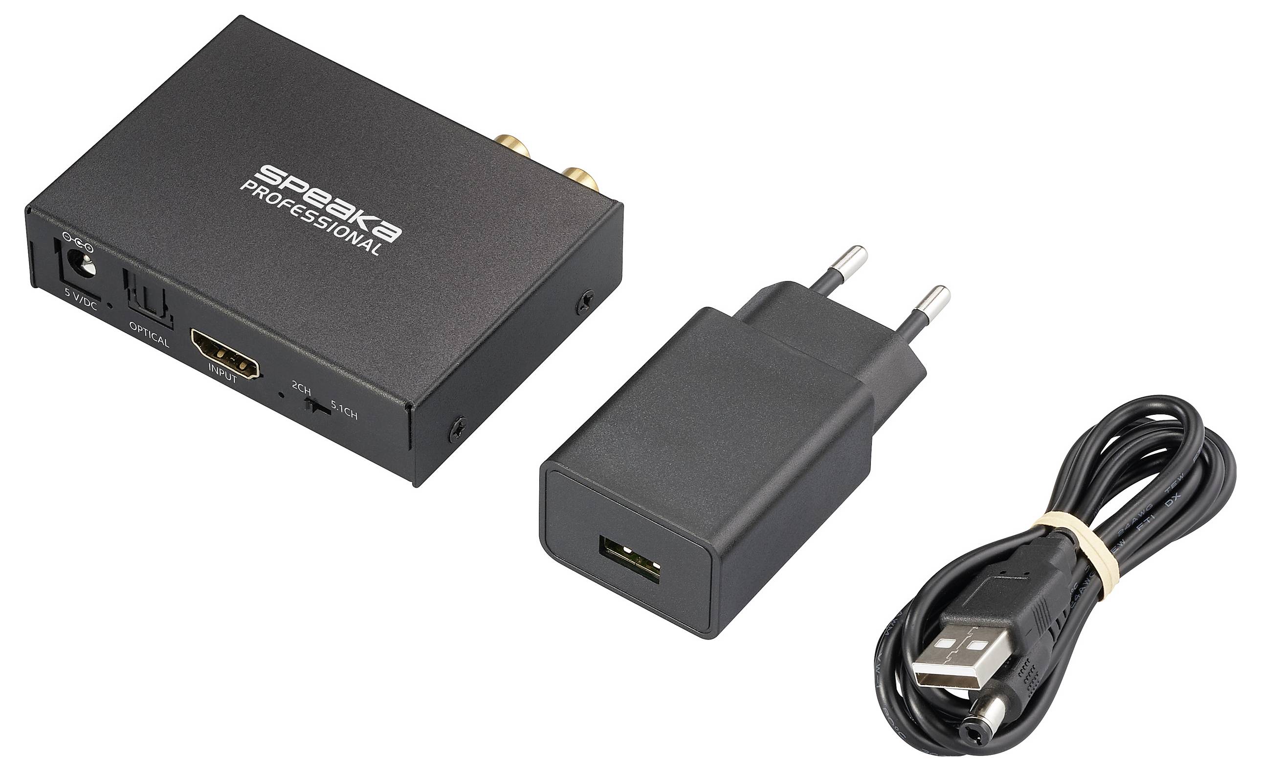 Audio-Adapter-Set mit einem schwarzen Gerät, beschriftet mit ‚SpeaKa Professional', einem Netzteil und einem USB-Kabel.